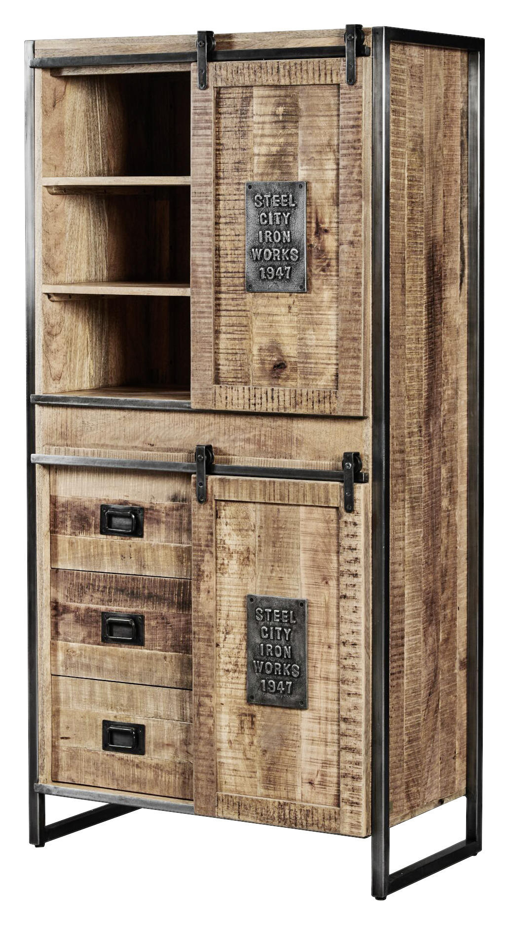 VITRINE in massiv Mangoholz Anthrazit, Naturfarben  - Anthrazit/Naturfarben, Basics, Holz/Metall (80/160/45cm) - Livetastic