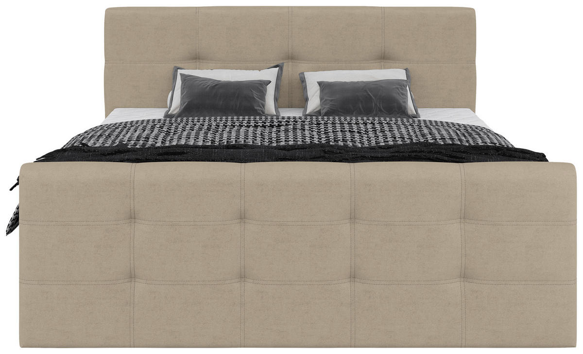BOXBETT 180/200 cm,  in Beige, gepolstertes Kopfteil, Bettkasten, Topper, Matratzen, Wendematratze mit unterschiedlichen Härtegraden, H2 + H3 = mittel + fest  - Beige/Schwarz, Basics, Kunststoff/Textil (180/200cm) - Chameo