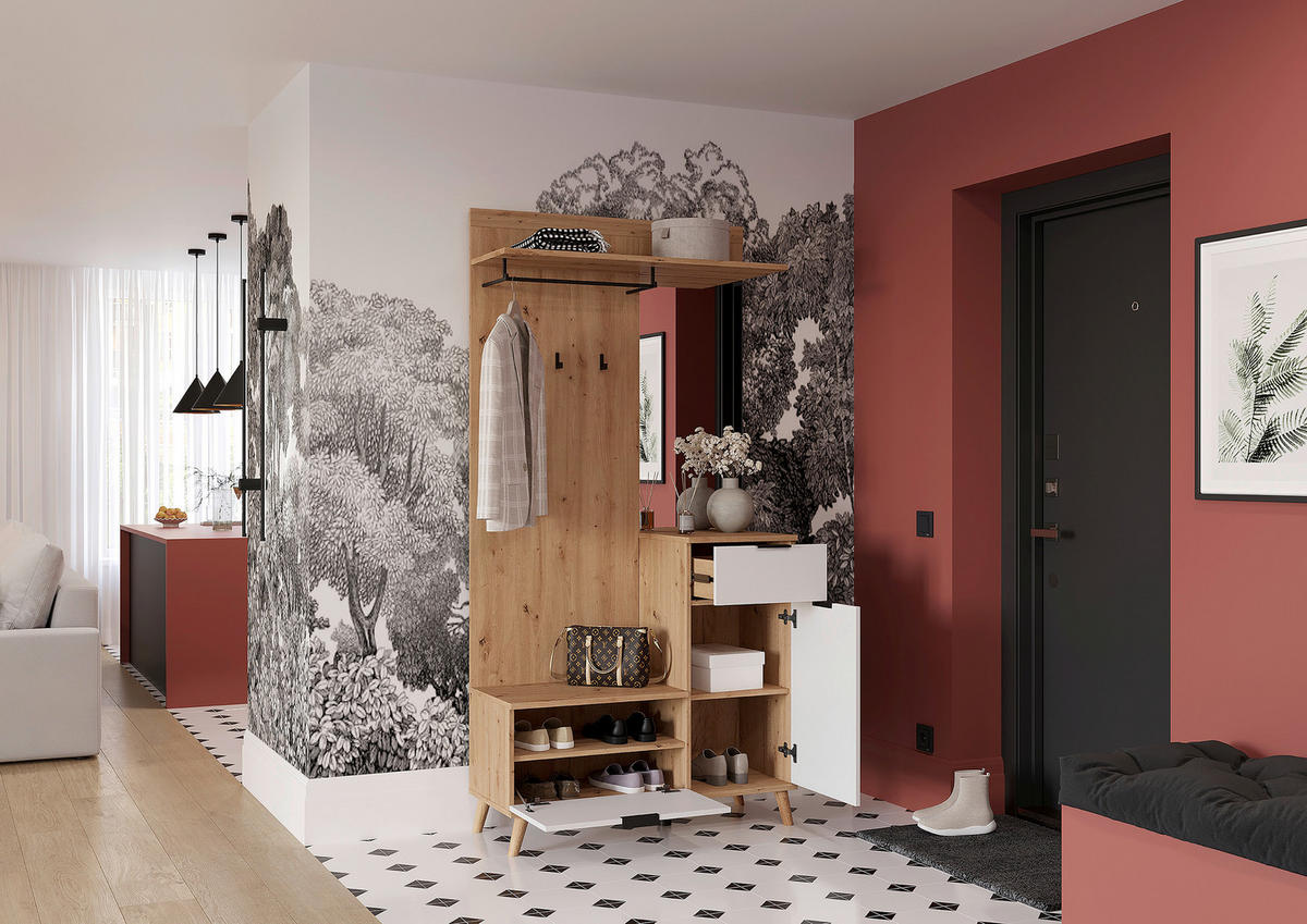 HALLMÖBEL  i 100/202/40 cm  - vit/ek Artisan, Design, trämaterial/glas (100/202/40cm) - home24