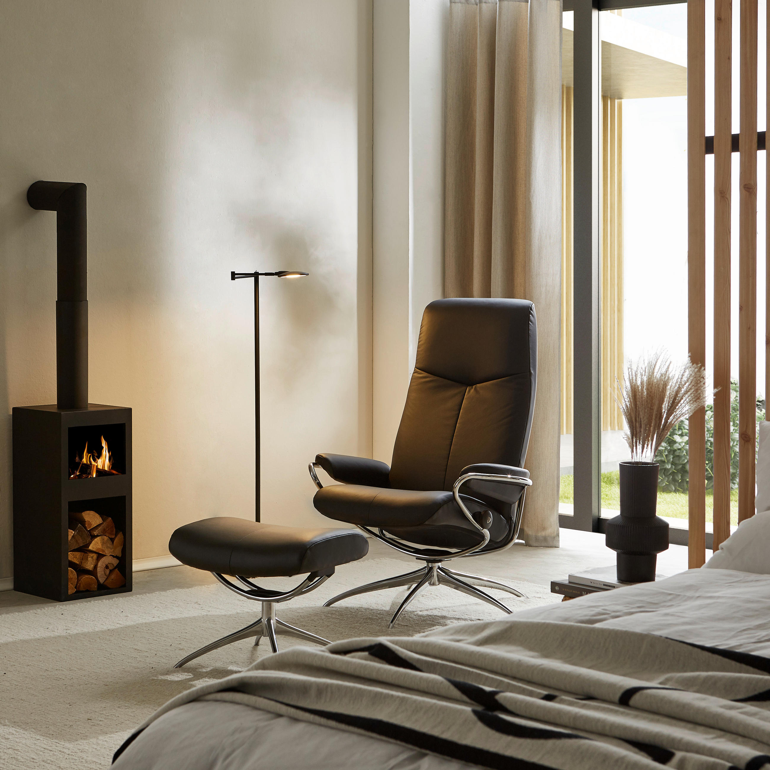 SESSELSET CITY Echtleder Relaxfunktion, Hocker - Chromfarben/Alufarben, Design, Leder/Metall (80/113/75cm) - Stressless