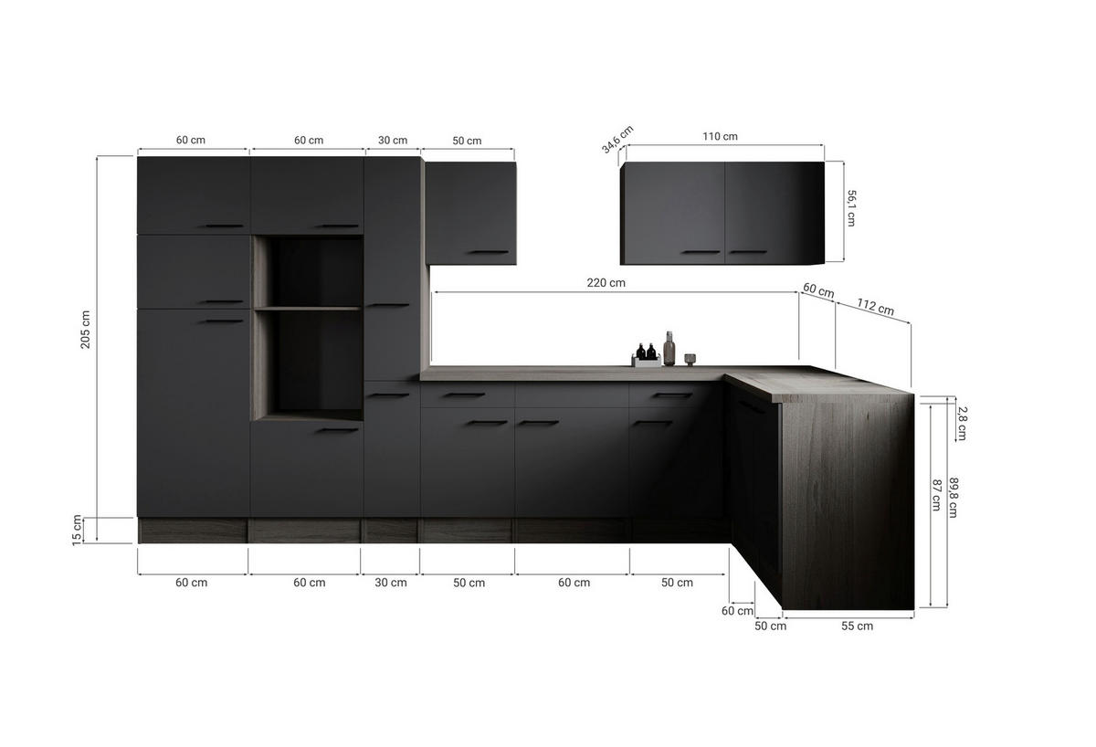 ECKKÜCHE 370/172 cm  in Grau, Eichefarben  - Eichefarben/Schwarz, Design, Holzwerkstoff/Metall (370/172cm) - Respekta