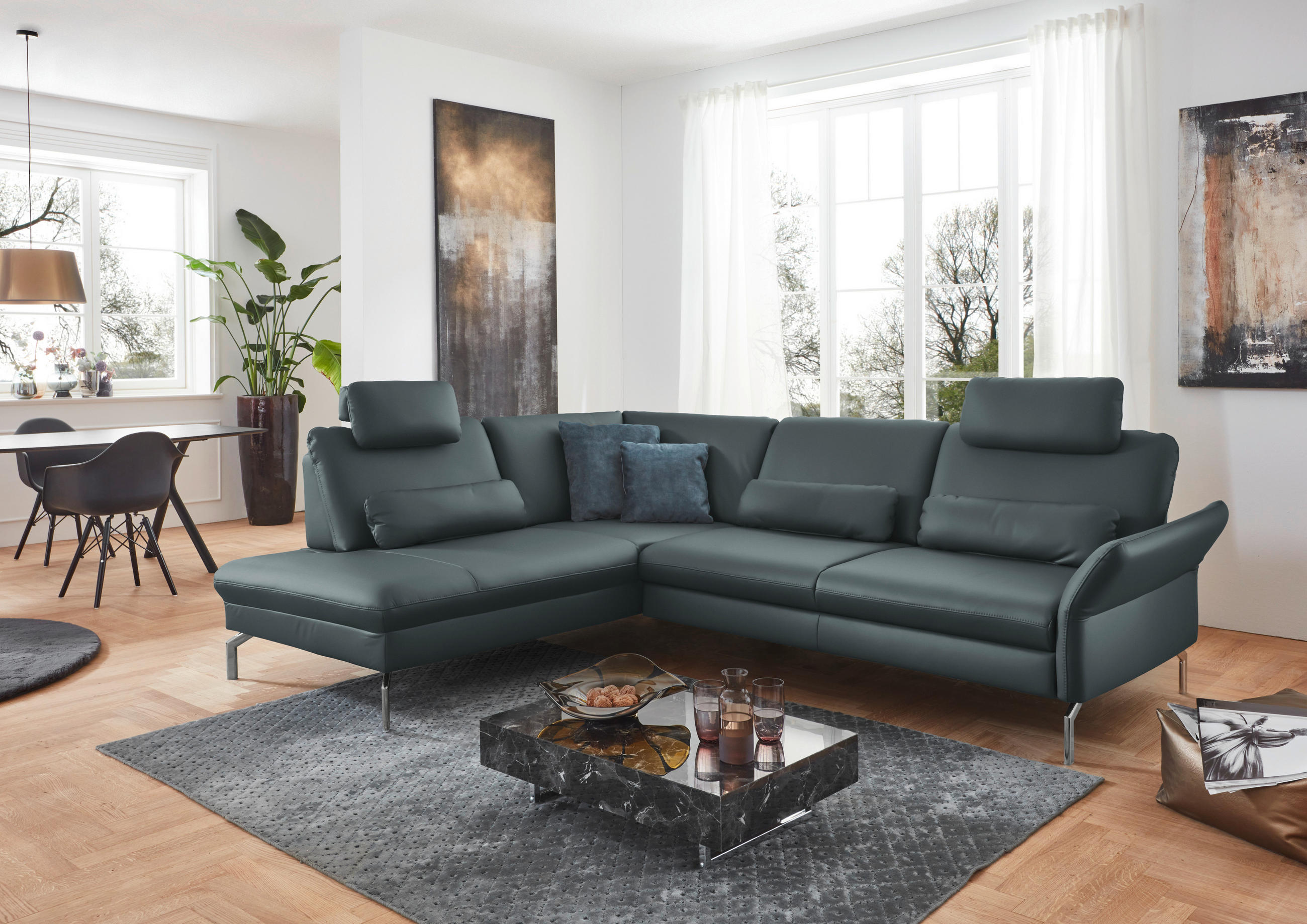ECKSOFA in Echtleder Blaugrau  - Blaugrau/Alufarben, Konventionell, Leder/Metall (220/284cm) - Beldomo Premium