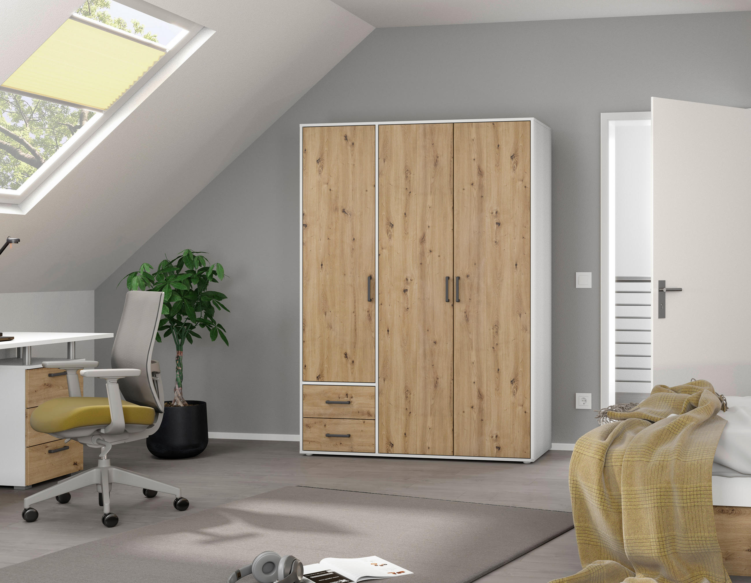 DREHTÜRENSCHRANK in Weiss, Eiche Artisan  - Weiss/Eiche Artisan, Modern, Holzwerkstoff/Kunststoff (140/194/53cm) - Rauch Möbel
