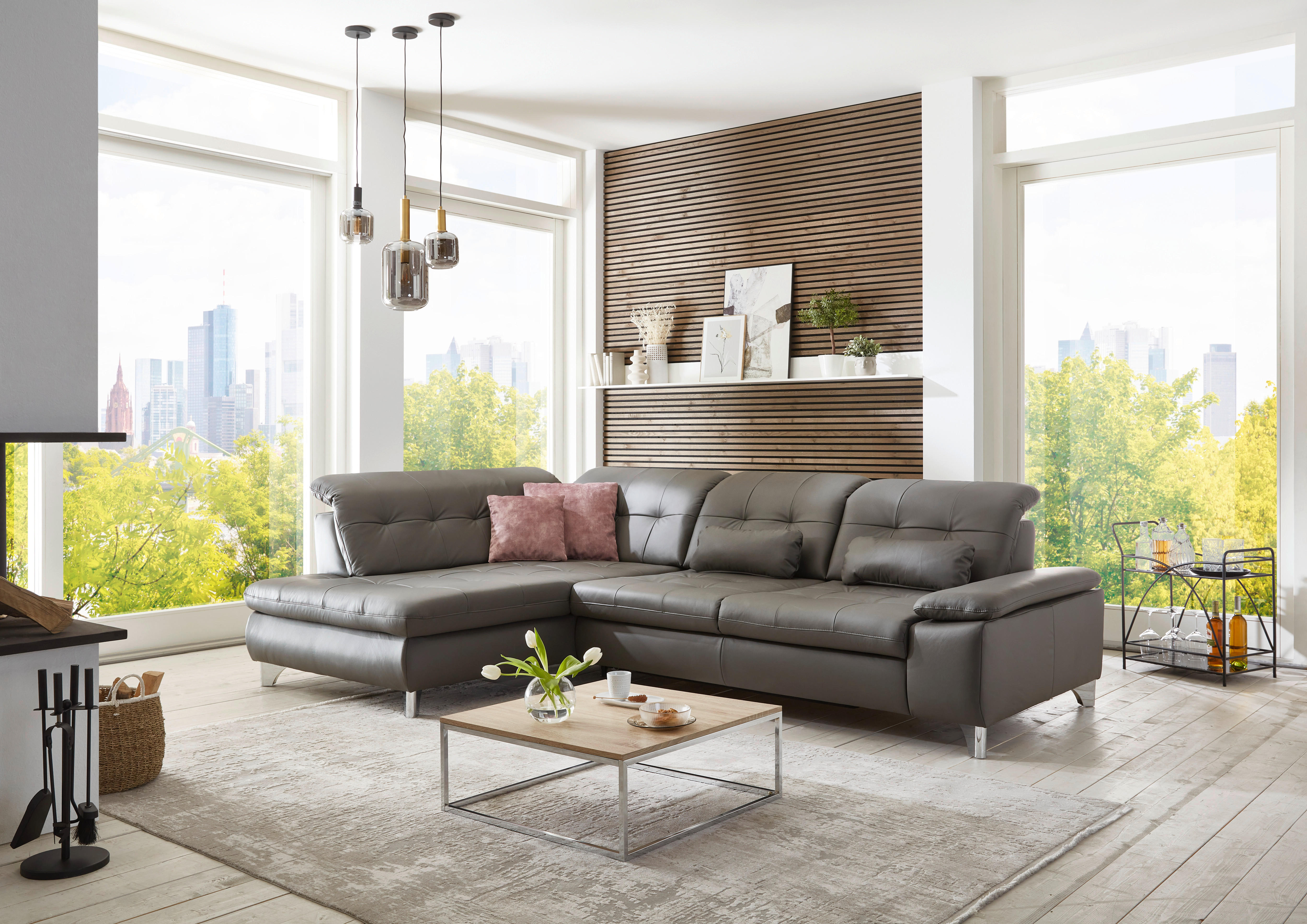 ECKSOFA Beldomo Premium Grau Echtleder  - Grau, Basics, Leder/Metall (211/309cm) - Beldomo Speed