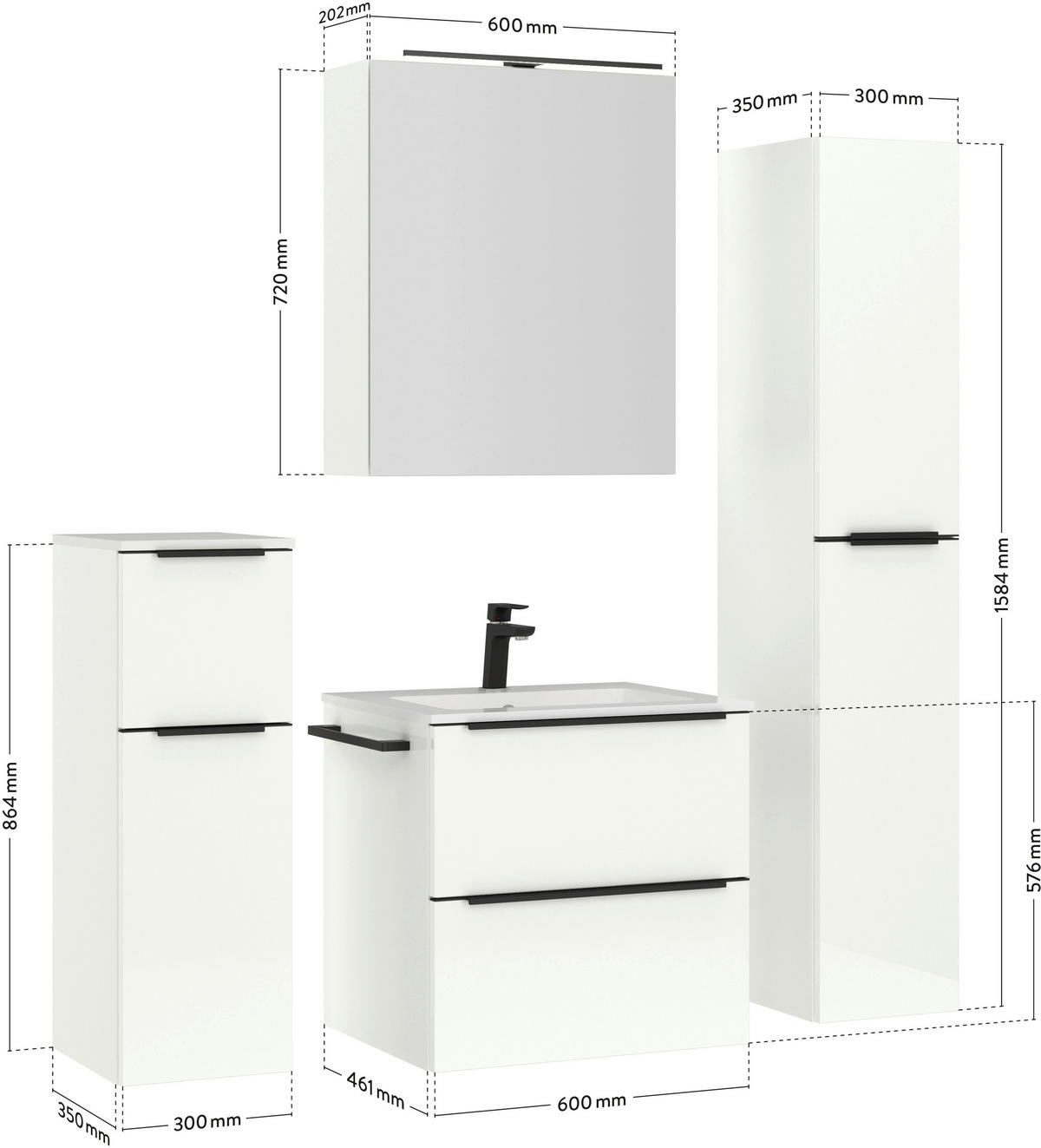 BADEZIMMER 5-teilig  in 121 cm  - Weiß Hochglanz/Schwarz, MODERN, Holzwerkstoff/Stein (121cm) - Nobilia