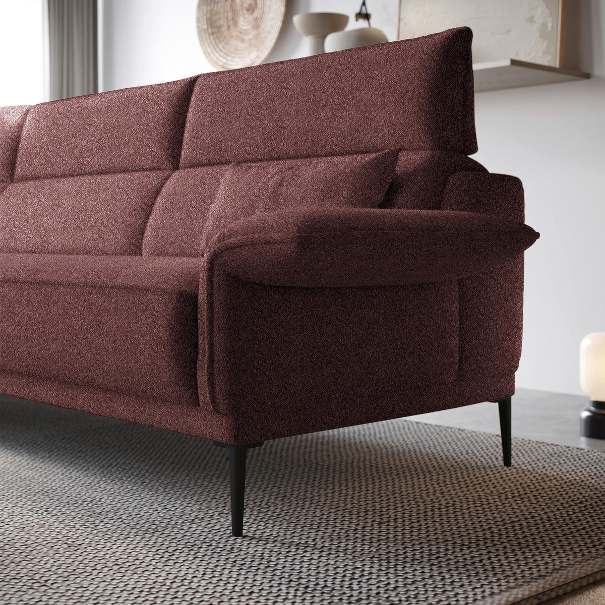 ECKSOFA in Bouclé Bordeaux  - Bordeaux/Schwarz, Modern, Textil/Metall (186/330cm) - Johann Jakob