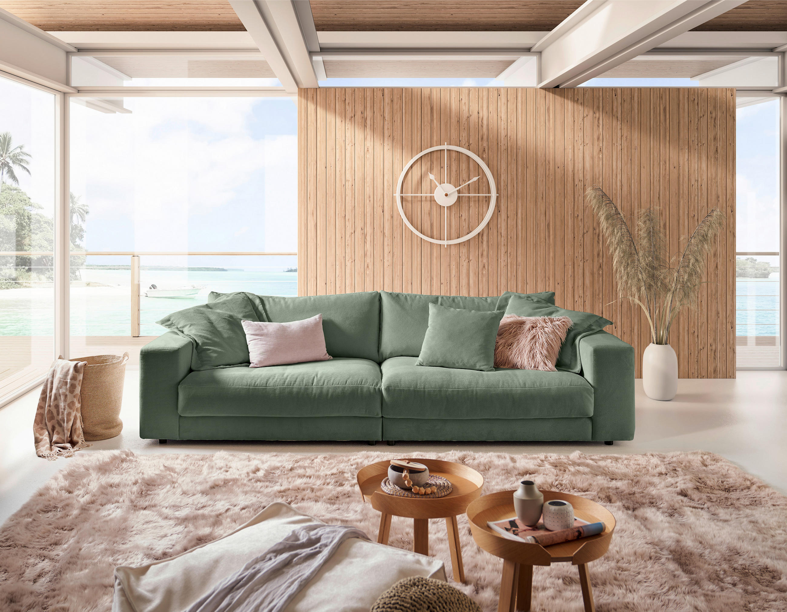 MEGASOFA Feincord Olivgrün  - Schwarz/Olivgrün, Design, Kunststoff/Textil (290/86/127cm) - Pure Home Lifestyle