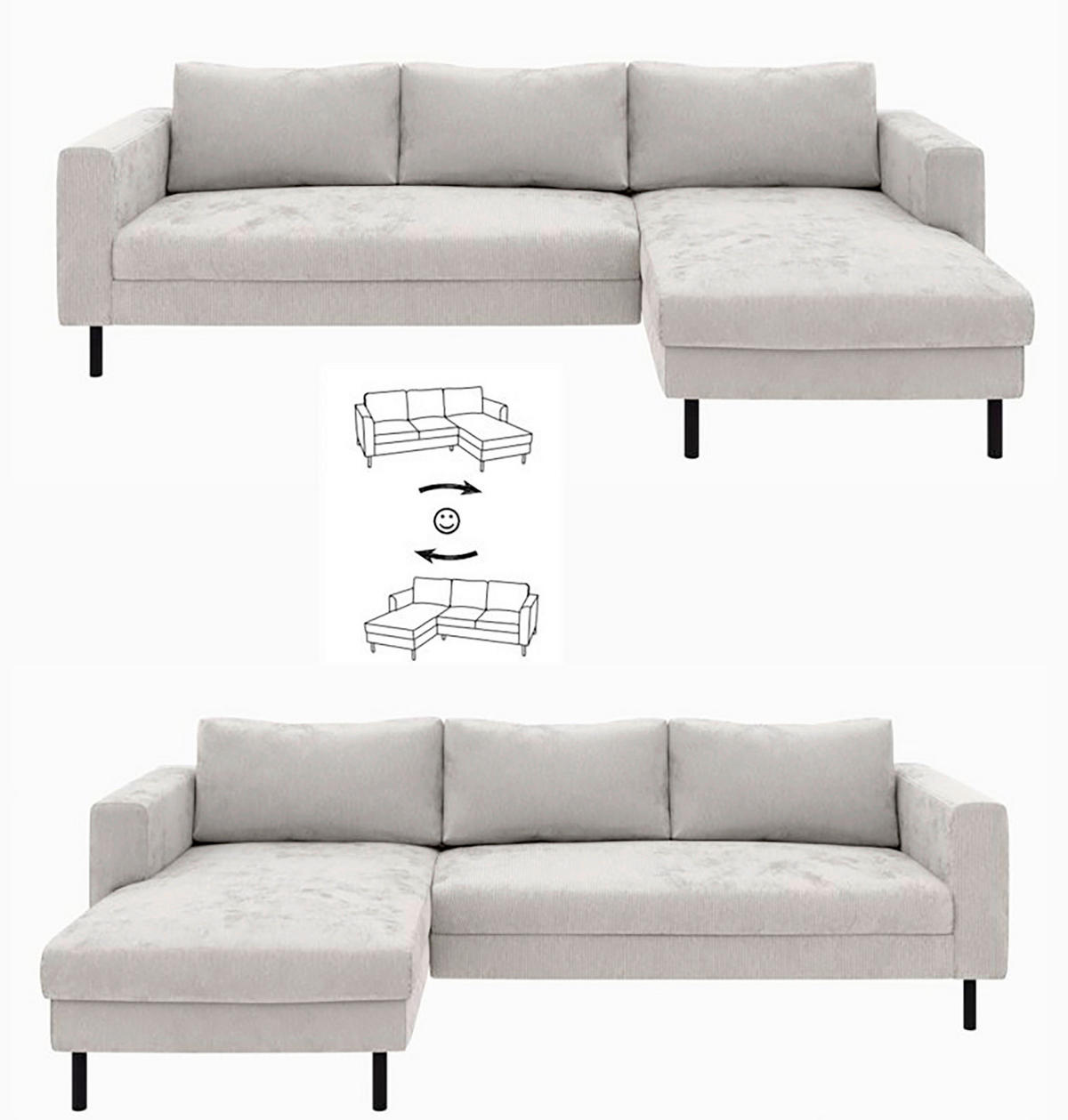 ECKSOFA Grau Cord  - Schwarz/Grau, MODERN, Textil/Metall (232/161cm) - Trendmanufaktur