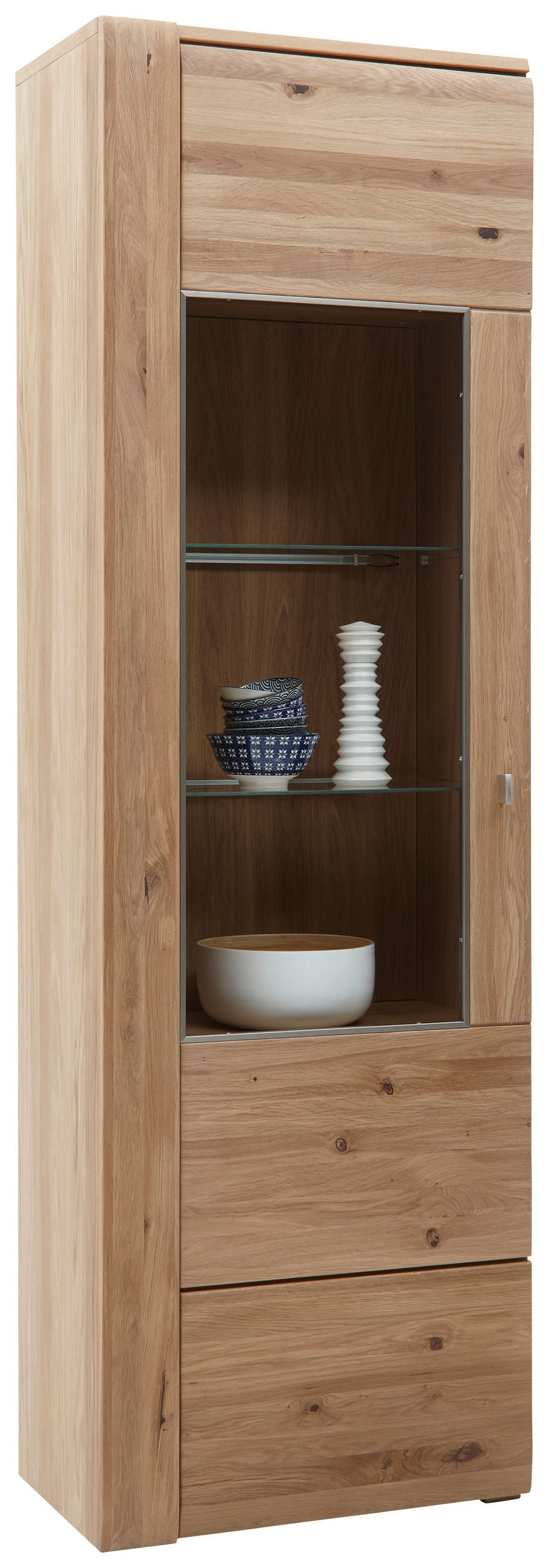 VITRINE  in furniert, massiv Eiche Eichefarben - Eichefarben/Alufarben, KONVENTIONELL, Glas/Holz (65/205/38cm) - Voleo