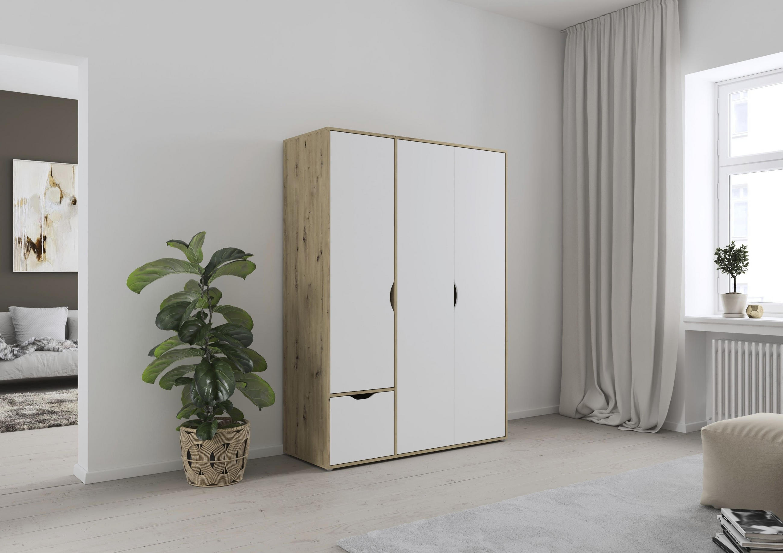 DREHTÜRENSCHRANK 140/194/53 cm 3-türig Weiß, Eiche Artisan  - Weiß/Eiche Artisan, Basics, Holzwerkstoff (140/194/53cm) - Boxxx