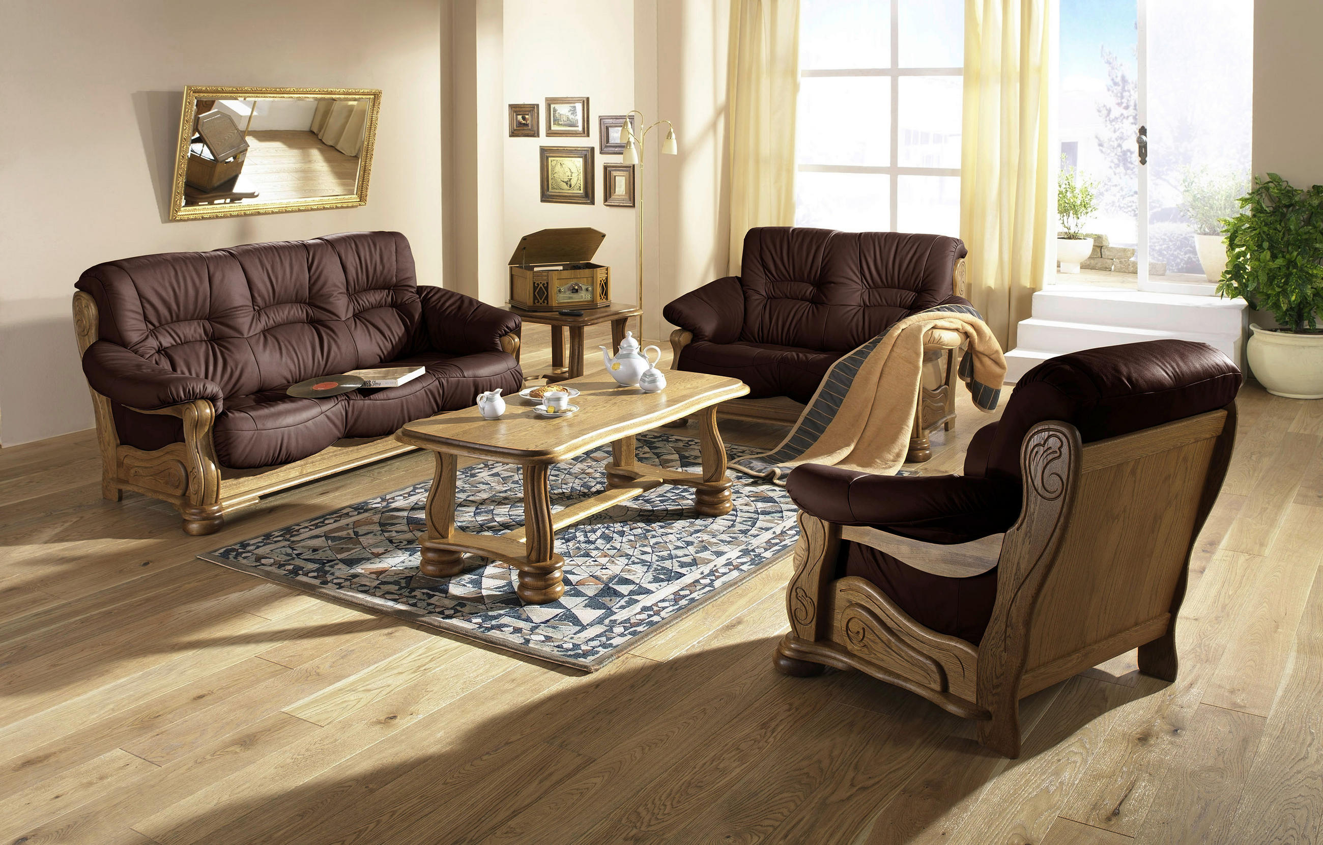 3-SITZER-SOFA in Echtleder Dunkelrot  - Eichefarben/Dunkelrot, LIFESTYLE, Leder/Holz (205/95/95cm) - Max Winzer