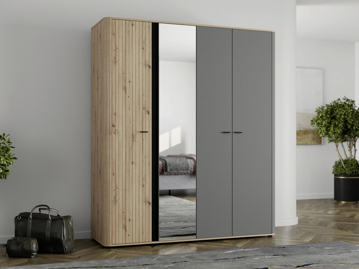 KLEIDERSCHRANK 179,5/210,5/56 cm,  in Graphitfarben, Schwarz, Eiche Artisan, 4-türig  - Graphitfarben/Schwarz, MODERN, Glas/Holzwerkstoff (179,5/210,5/56cm) - MID.YOU