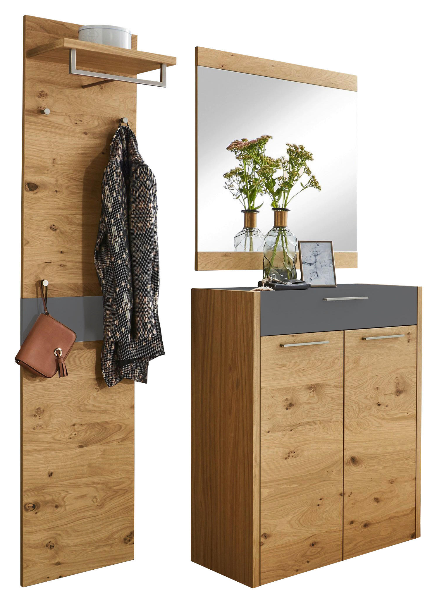 GARDEROBE 3-teilig  in 140/195/37 cm  - Eichefarben/Grau, Design, Glas/Holz (140/195/37cm)