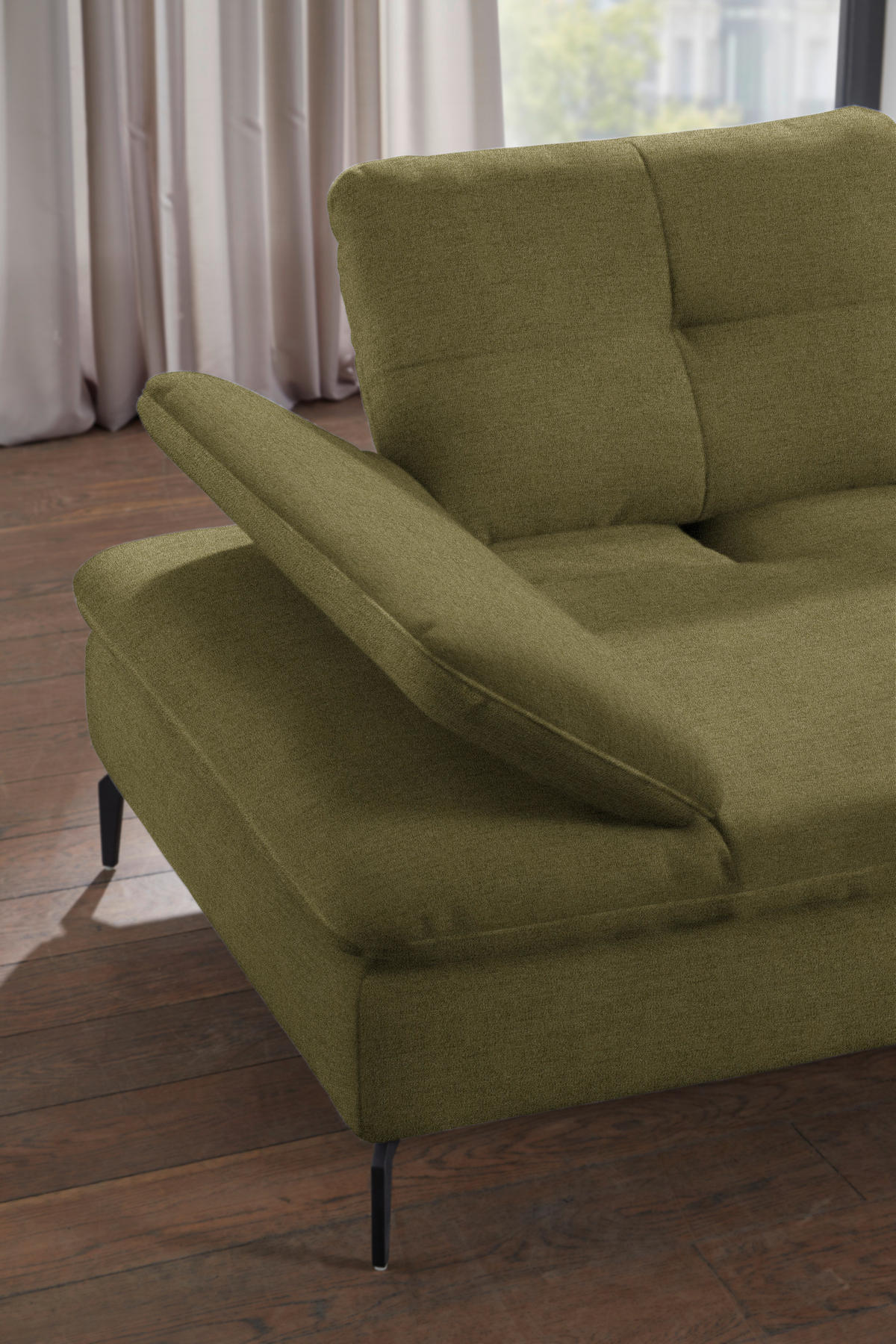 ECKSOFA in Flachgewebe Olivgrün  - Schwarz/Olivgrün, Design, Textil/Metall (344/157cm) - Chilliano