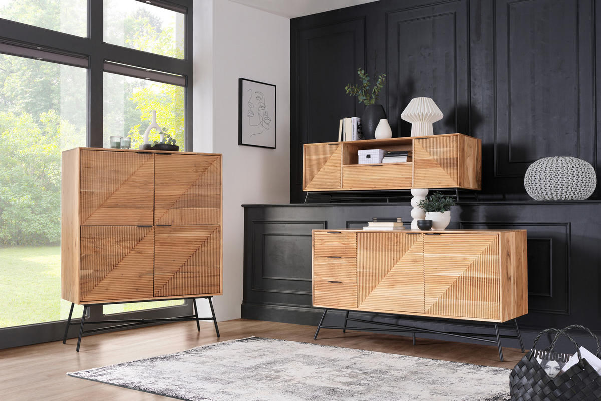 VYSOKÁ KOMODA, akácie, černá, barvy akácie, 105/135/45 cm - černá/barvy akácie, Trend, kov/dřevo (105/135/45cm) - Ambia Home