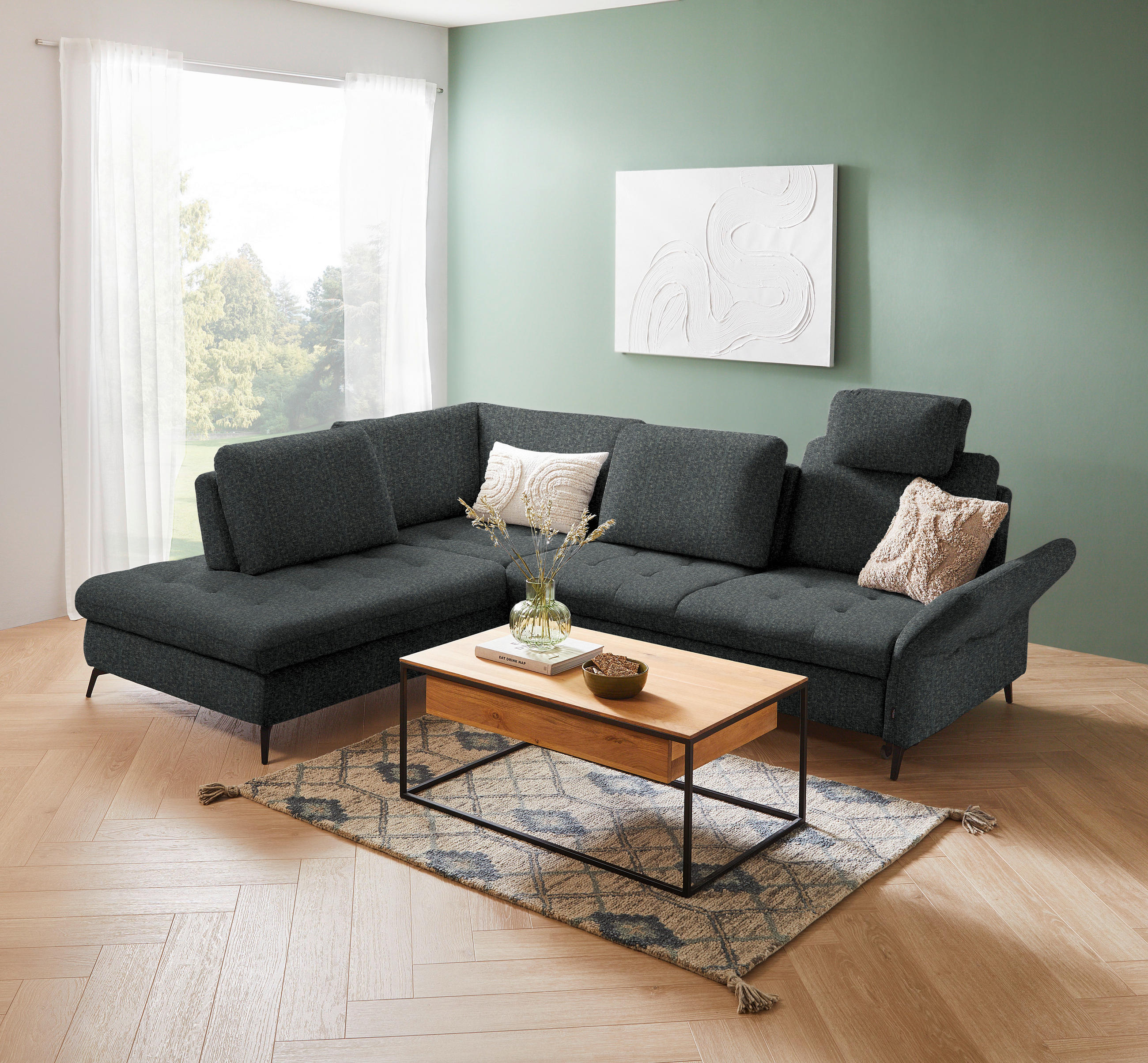 ECKSOFA Dunkelgrau Struktur  - Dunkelgrau/Schwarz, Natur, Textil/Metall (233/288cm) - Valnatura