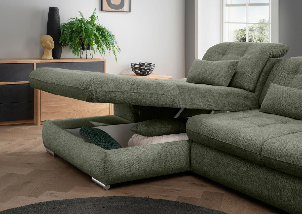ECKSOFA in Chenille Grün  - Chromfarben/Grün, Modern, Textil/Metall (184/314cm) - Livetastic