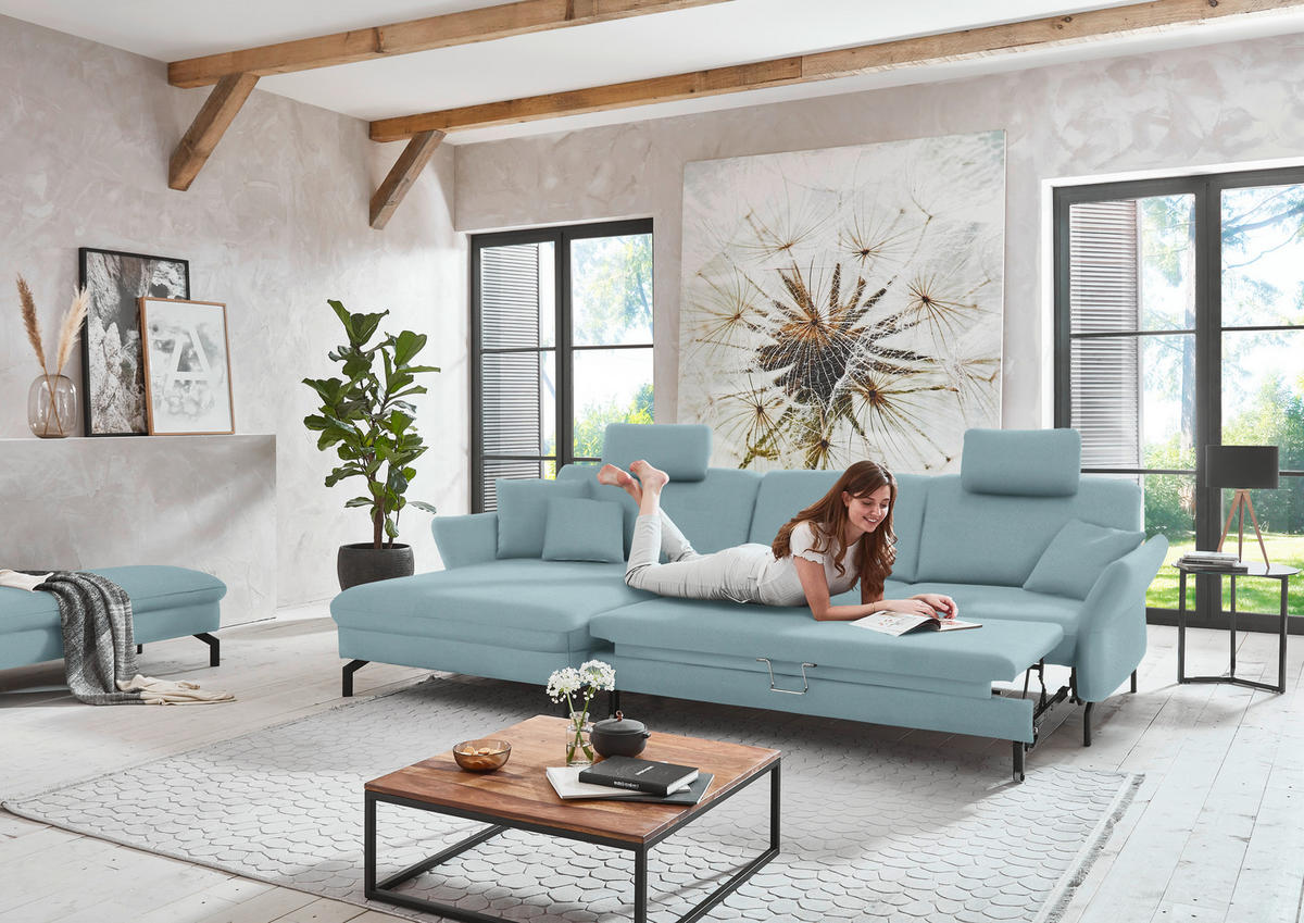 ECKSOFA in Velours Hellblau  - Schwarz/Hellblau, Design, Textil/Metall (179/306cm) - Beldomo System