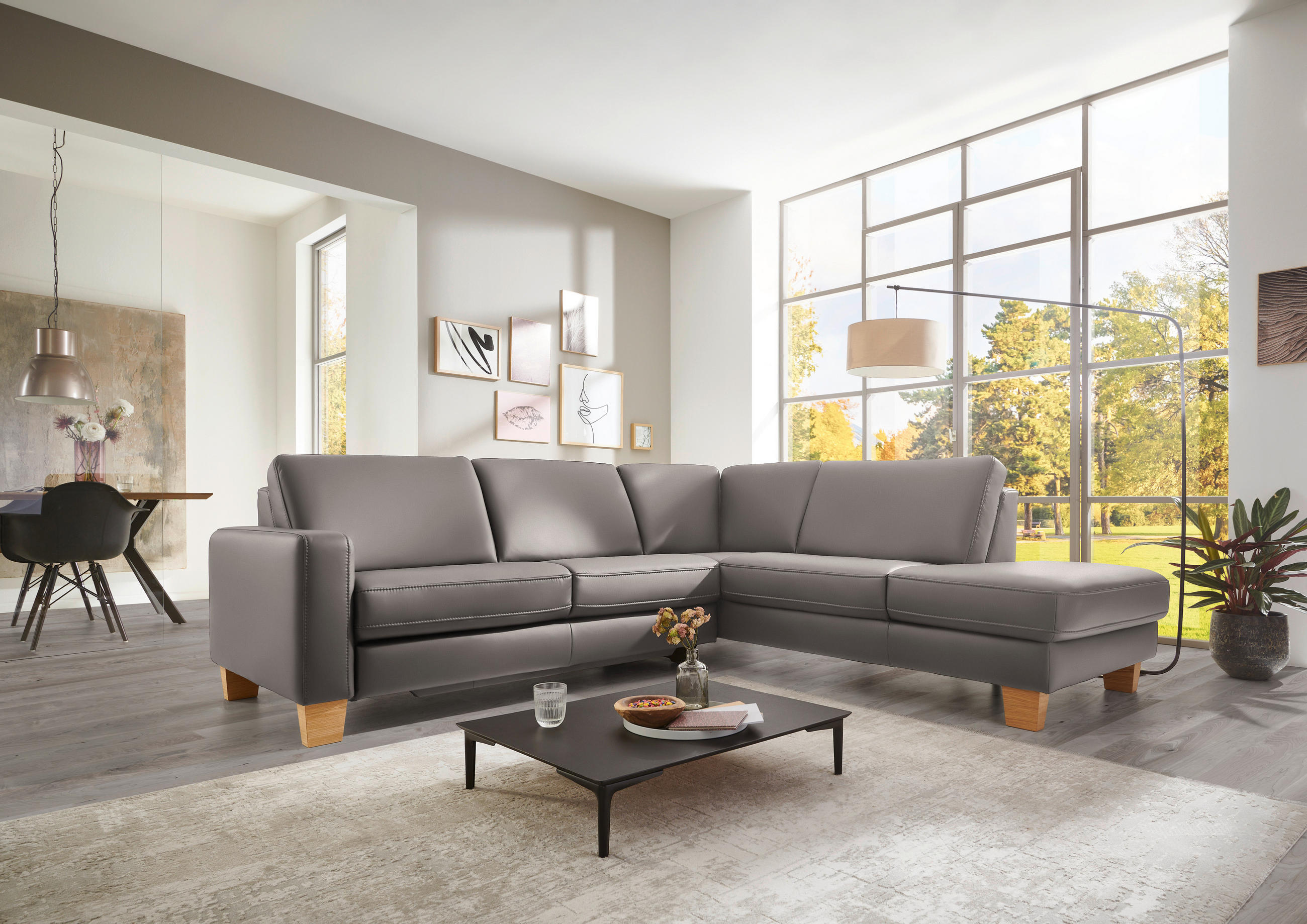 ECKSOFA in Echtleder Hellgrau  - Eiche Bianco/Hellgrau, Konventionell, Leder/Holz (257/235cm) - Valdera