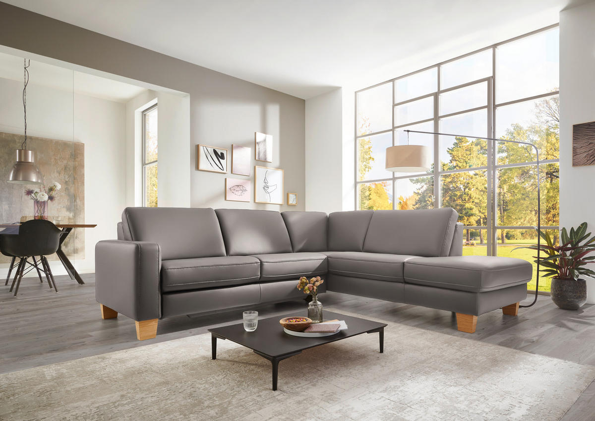 ECKSOFA in Echtleder Hellgrau  - Eiche Bianco/Hellgrau, Konventionell, Leder/Holz (257/235cm) - Valdera