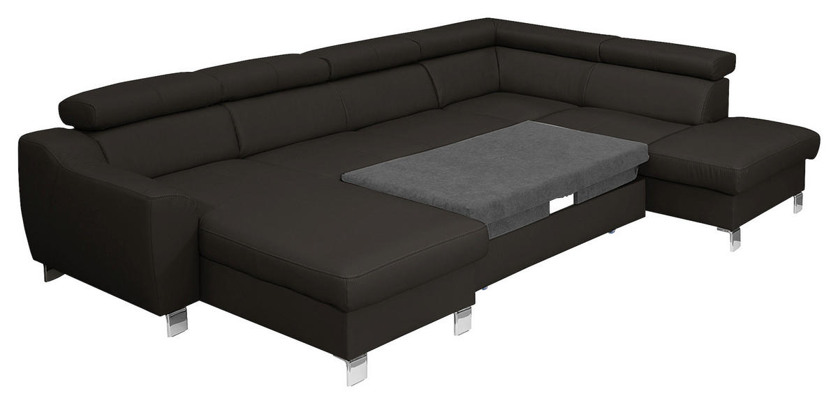 WOHNLANDSCHAFT Dunkelbraun Echtleder Lederlook  - Chromfarben/Dunkelbraun, Design, Leder/Textil (175/315/208cm) - Livetastic