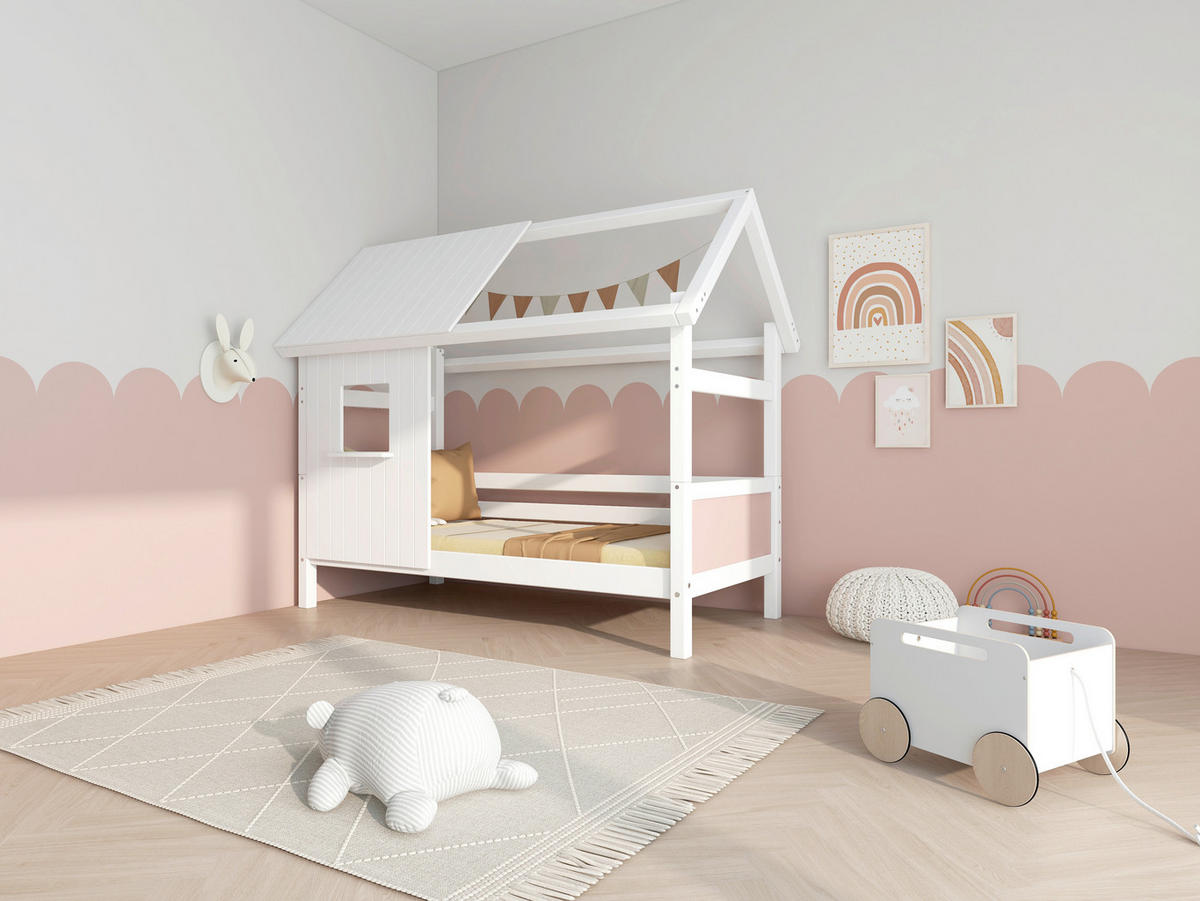 HAUSBETT 90/200 cm,  in Rosa, Weiß, Rollrost  - Rosa/Weiß, MODERN, Holz (90/200cm) - Chameo