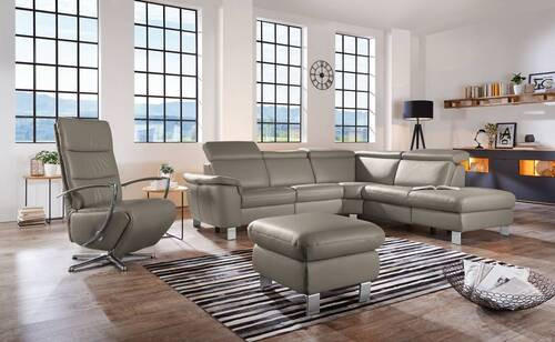 ECKSOFA in Echtleder Graubraun  - Graubraun/Alufarben, Design, Leder/Metall (271/239cm) - Cantus