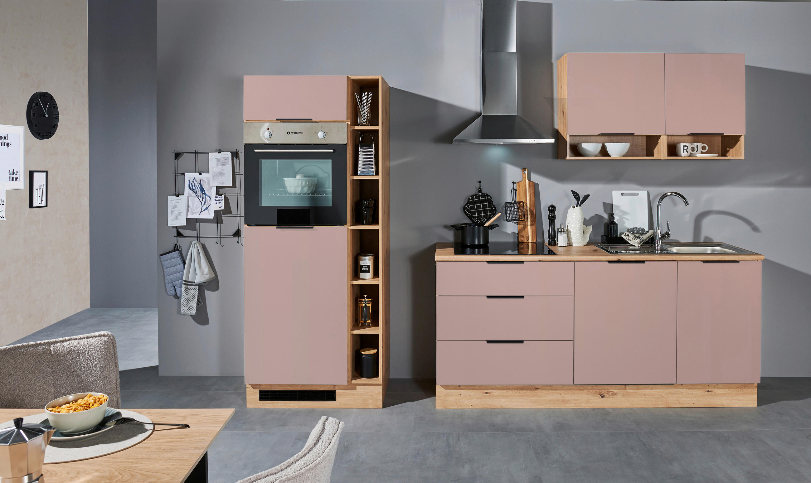 KÜCHENBLOCK 270 cm   in Rosa, Eiche Artisan  - Schwarz/Eiche Artisan, Design, Holzwerkstoff/Kunststoff (270cm) - MID.YOU