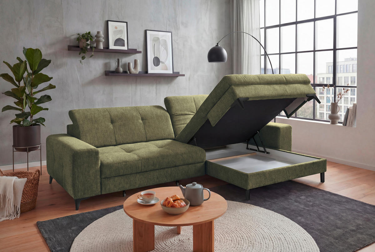 ECKSOFA SORELLA in Chenille Dunkelgrün Kopfteilverstellung, Sitztiefenverstellung  328/182 cm  - Dunkelgrün/Schwarz, Design, Kunststoff/Textil (328/182cm) - MID.YOU