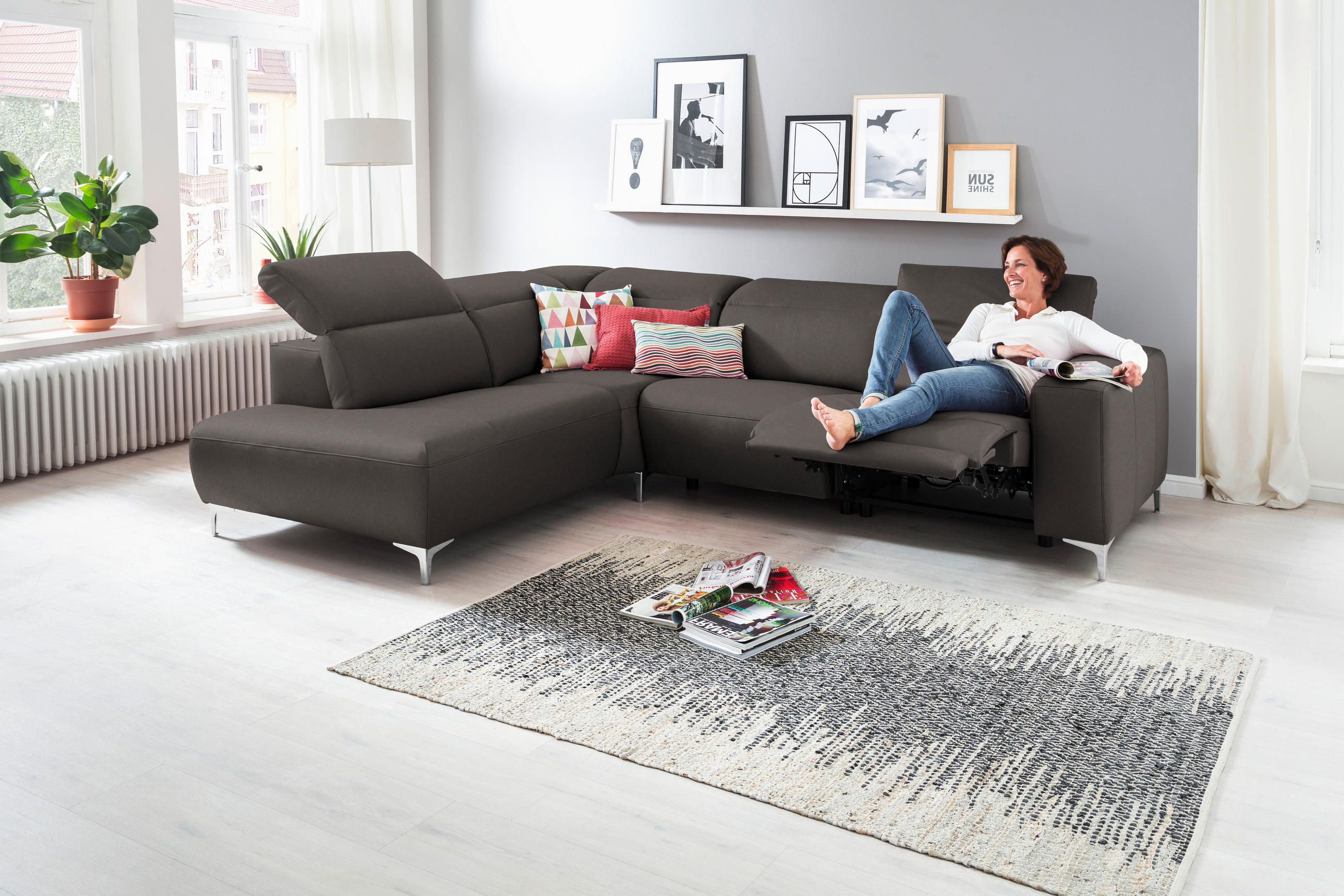 ECKSOFA in Echtleder Grau  223/290 cm  - Chromfarben/Grau, Design, Leder/Metall (223/290cm) - Pure Home Lifestyle