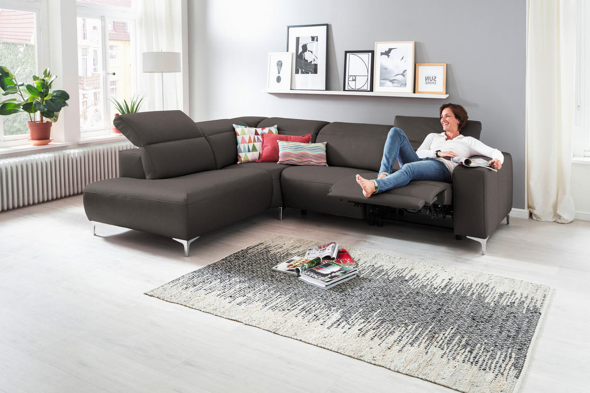 ECKSOFA in Echtleder Grau  - Chromfarben/Grau, Design, Leder/Metall (223/290cm) - Pure Home Lifestyle