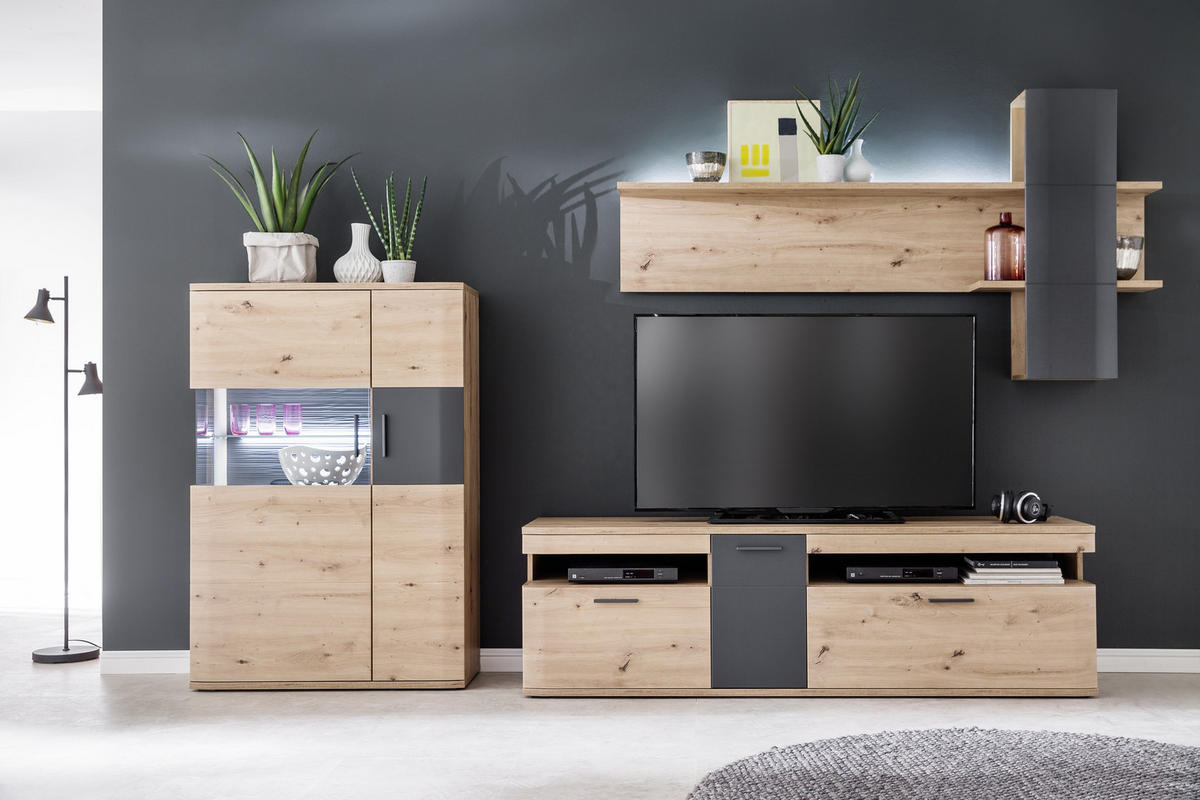 OBÝVACÍ STĚNA, antracitová, čiré, barvy dubu - barvy dubu/černá, Design, kov/kompozitní dřevo (310/198/50cm) - Livetastic