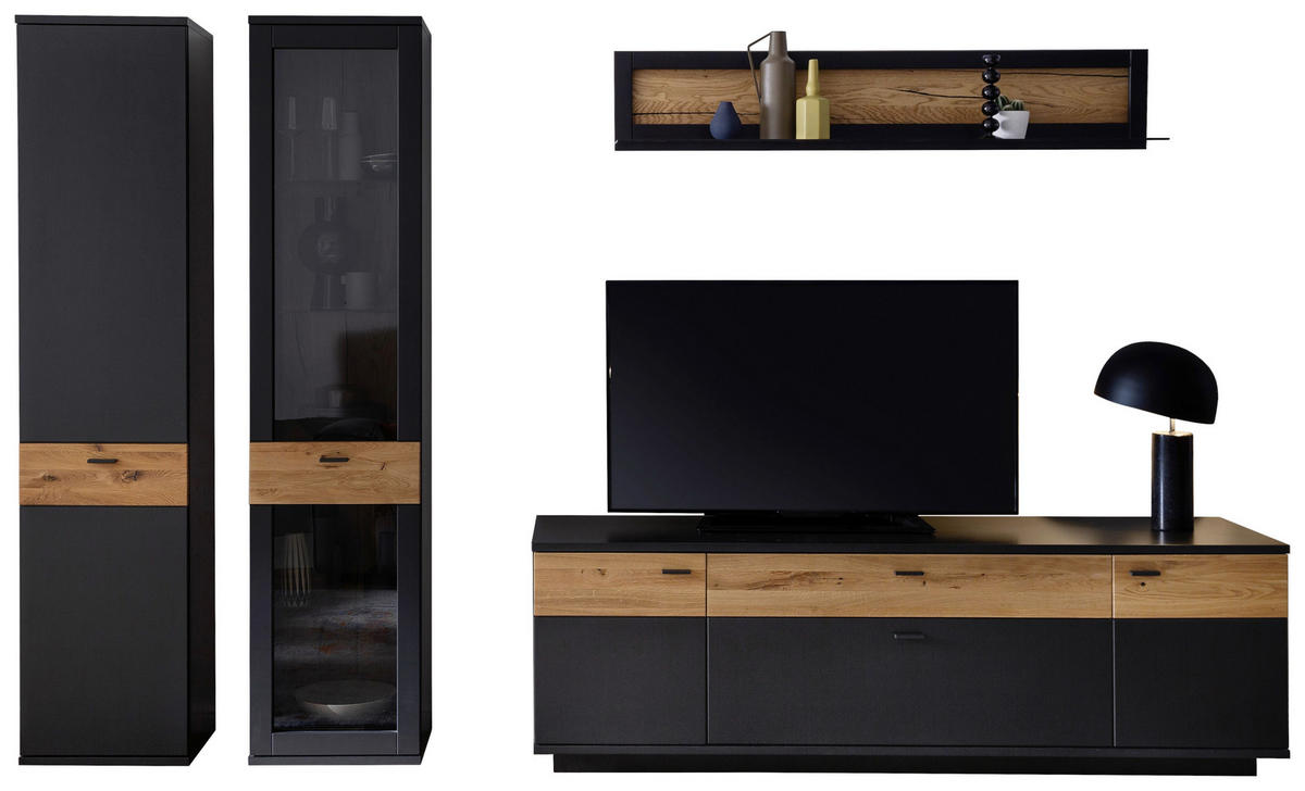 Set Mobilă Living, gri, negru, 305/201/50 cm - negru/gri, Design, sticlă/metal (305/201/50cm) - Novel