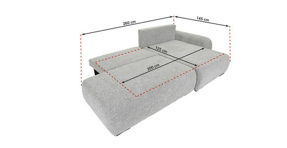 ECKSOFA Grau Flachgewebe Zierkissen, Rückenkissen, Bettkasten, Schlaffunktion, Rücken echt, Liegefläche im Originalstoff  - Schwarz/Grau, KONVENTIONELL, Kunststoff/Textil (145/260cm) - Carryhome