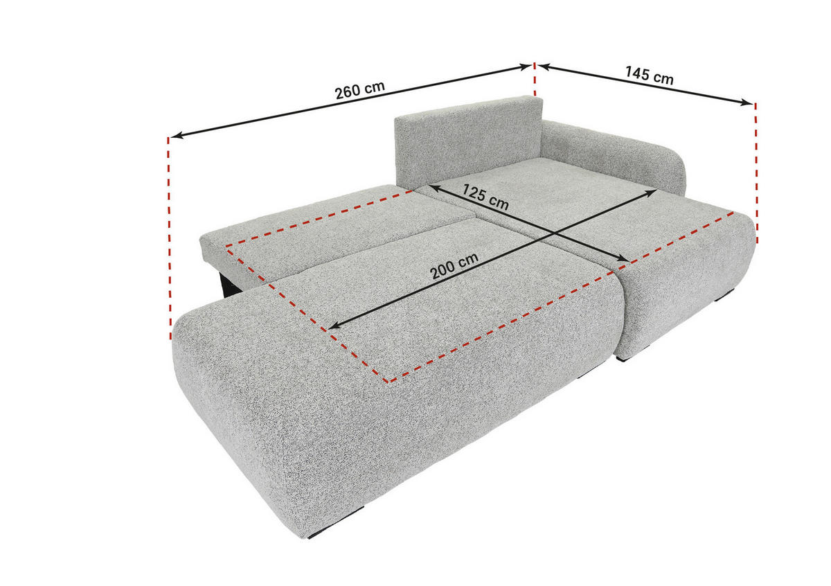 ECKSOFA Grau Flachgewebe Zierkissen, Rückenkissen, Bettkasten, Schlaffunktion, Rücken echt, Liegefläche im Originalstoff  - Schwarz/Grau, KONVENTIONELL, Kunststoff/Textil (260/145cm) - Carryhome