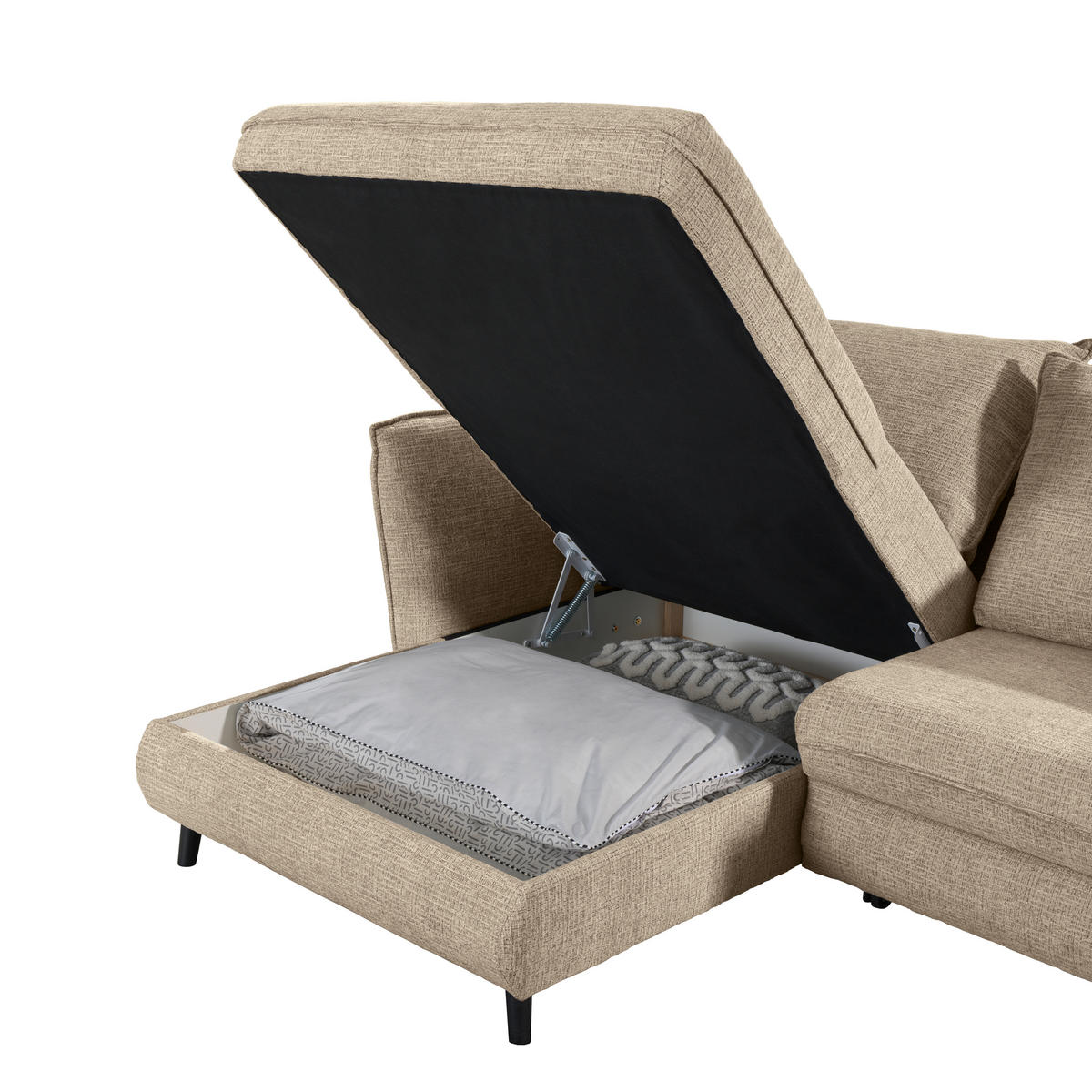 ECKSOFA inkl. Funktionen Beige Struktur  - Beige/Schwarz, Design, Holz/Textil (245/161cm) - Stylife