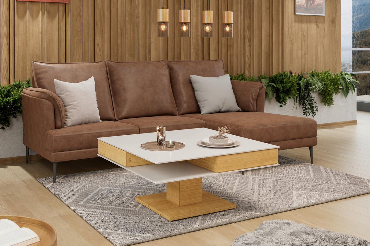COUCHTISCH Wildeiche furniert, massiv Farbglas 90/90/43 cm quadratisch Weiß, Eichefarben  - Eichefarben/Weiß, Design, Glas/Holz (90/90/43cm) - Voglauer