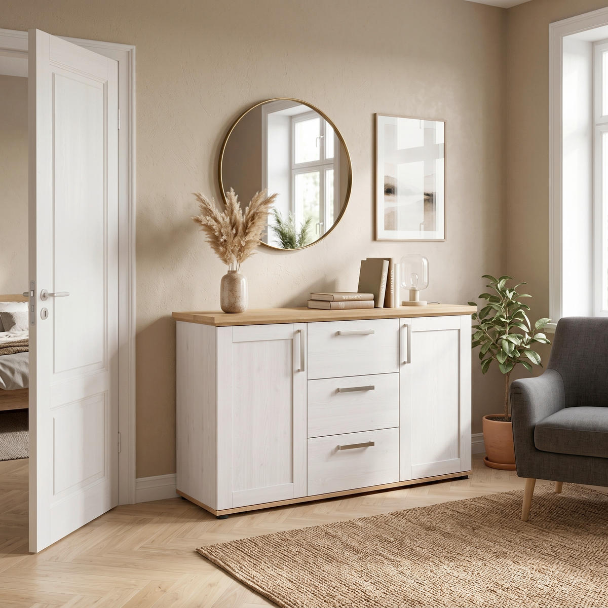 SIDEBOARD  129/80/40 cm 3 Schublade(n)  - Weiss/Silberfarben, Design, Holzwerkstoff/Kunststoff (129/80/40cm) - Livetastic