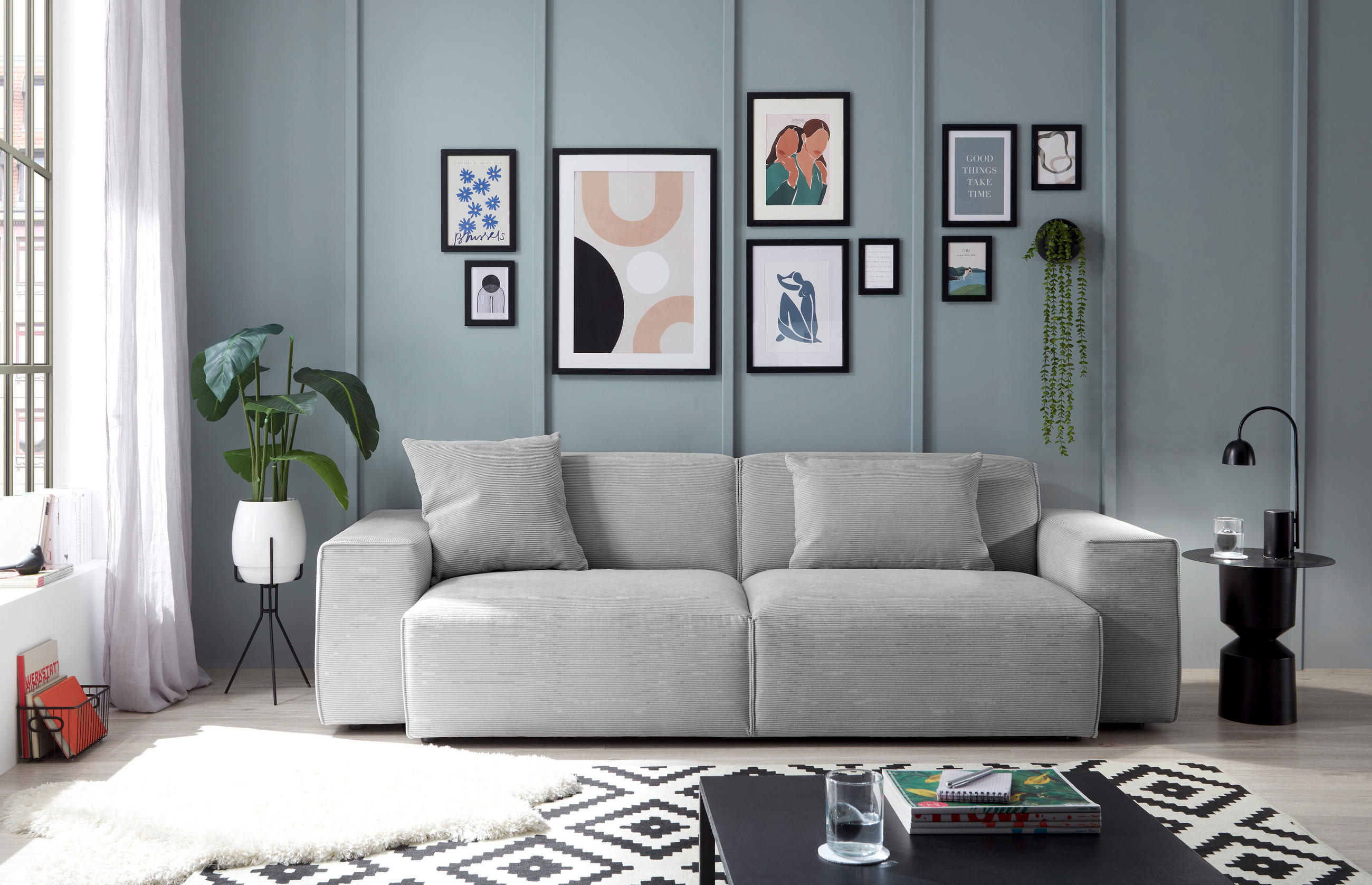 3-SITZER-SOFA Feincord Hellgrau  - Hellgrau/Schwarz, Design, Kunststoff/Textil (236/71/101cm) - Pure Home Lifestyle