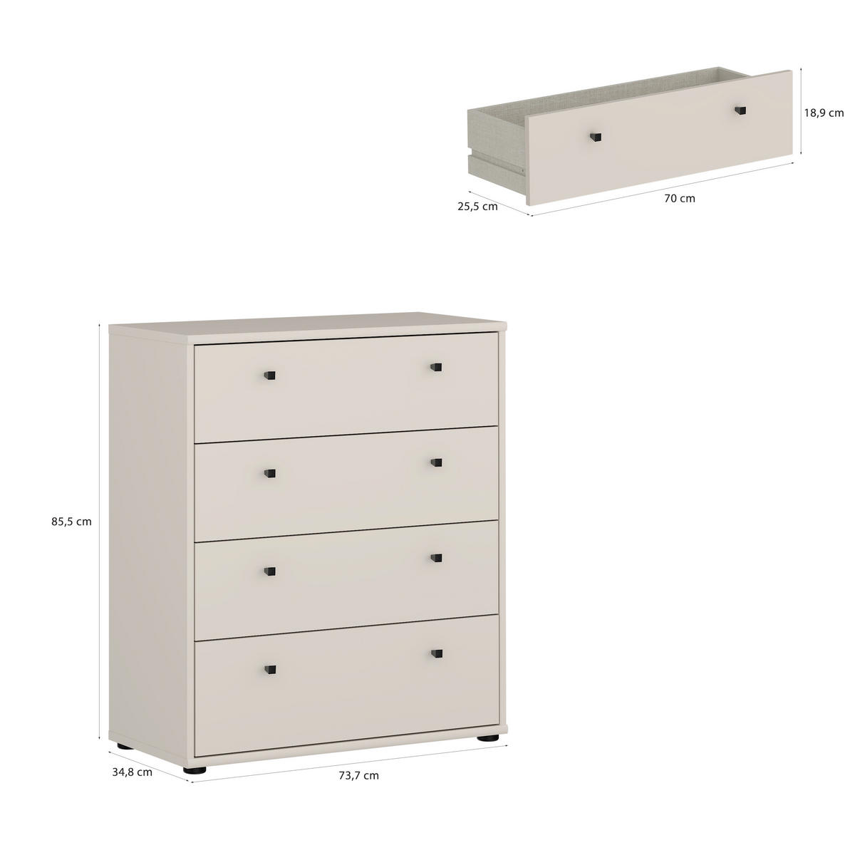 KOMMODE , 73,7/85,5/34,8 cm, 4 Schublade(n)  - Sandfarben/Schwarz, Design, Holzwerkstoff/Kunststoff (73,7/85,5/34,8cm)
