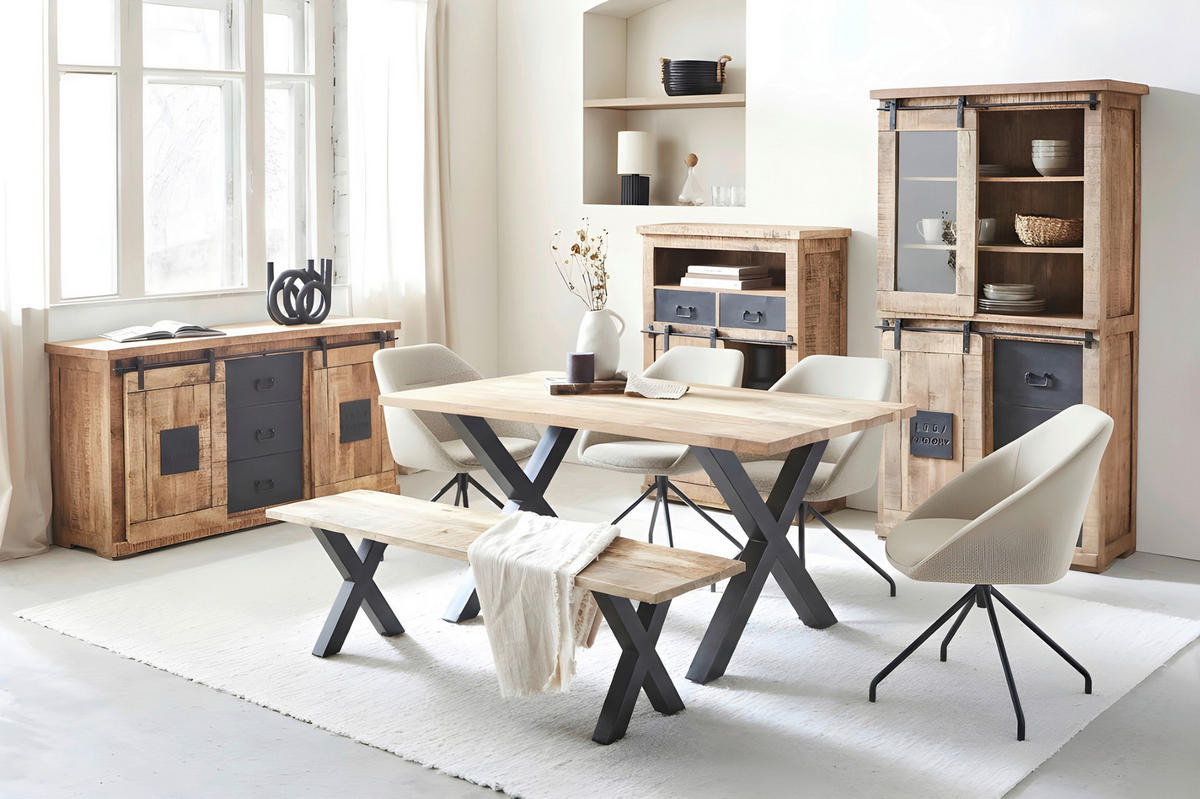 VITRINE  in massiv Mangoholz Naturfarben, Schwarz  - Schwarz/Naturfarben, LIFESTYLE, Glas/Holz (100/190/45cm) - Landscape