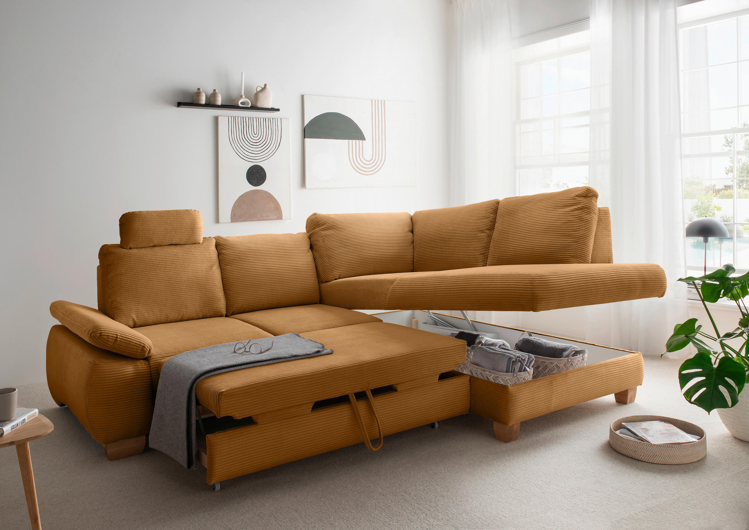 ECKSCHLAFSOFA in Cord Goldfarben - Wildeiche/Goldfarben, Modern, Holz/Textil (261/206cm) - Livetastic