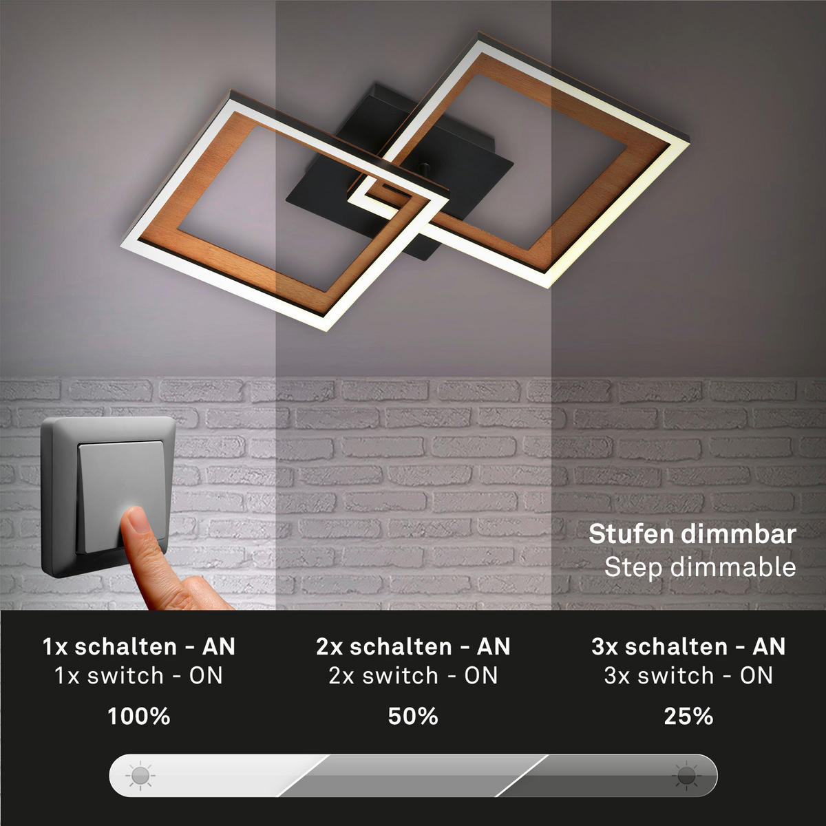 LED SVJETILJKA STROPNA Frame  - crna, Natur, drvo/metal (44/44/8cm)