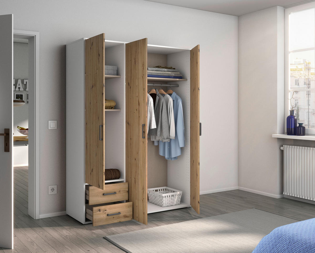 DREHTÜRENSCHRANK in Weiss, Eiche Artisan  - Weiss/Eiche Artisan, Modern, Holzwerkstoff/Kunststoff (140/194/53cm) - Rauch Möbel