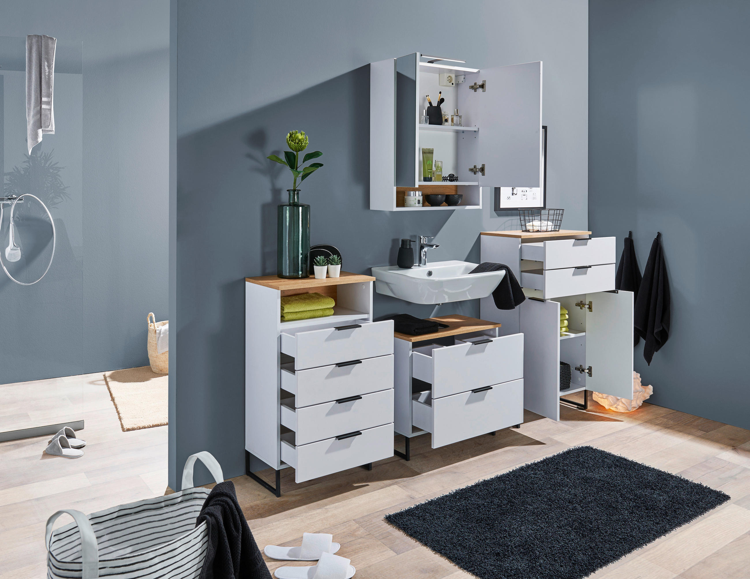 home24 WASCHBECKENUNTERSCHRANK Weiß, Eiche 60cm × 35cm × 60cm