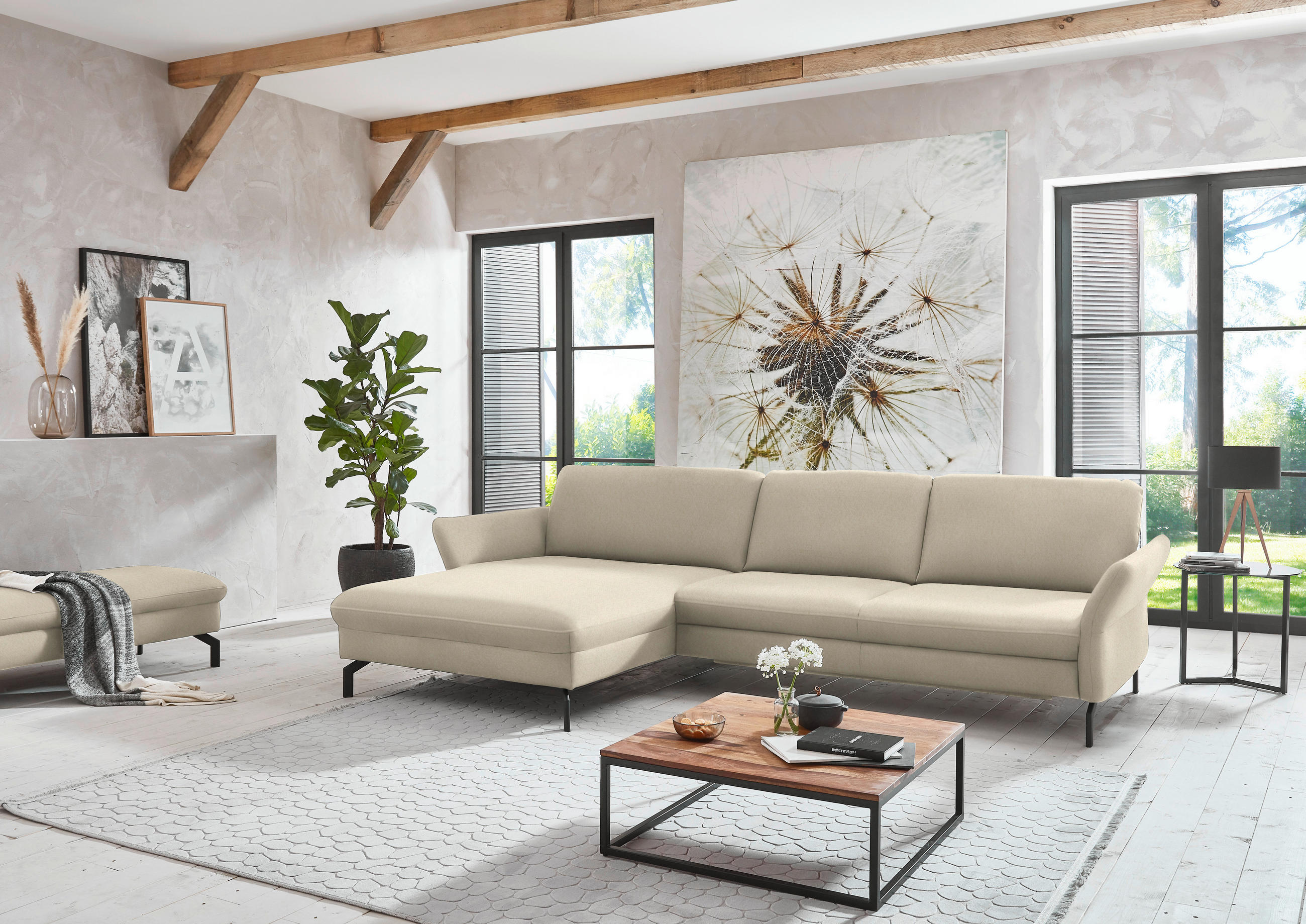 ECKSOFA in Velours Creme  - Creme/Schwarz, Design, Textil/Metall (179/306cm) - Beldomo System