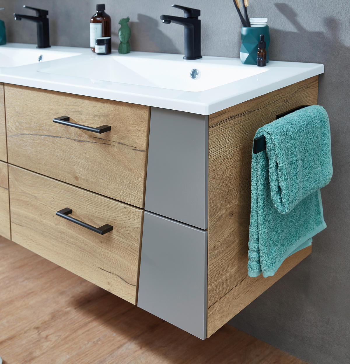 WASCHTISCHKOMBI 153 cm  - Eichefarben/Blaugrau, KONVENTIONELL, Holzwerkstoff/Stein (153cm) - Sadena