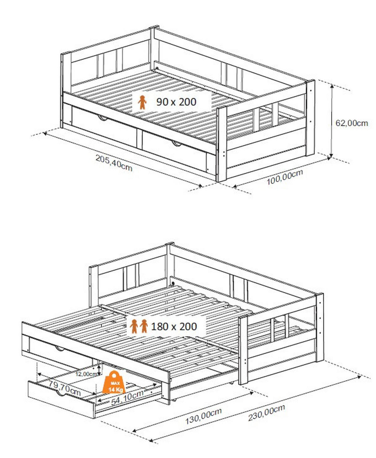 AUSZIEHBETT 90/200 cm Weiss  - Weiss/Naturfarben, Romantik / Landhaus, Holz/Holzwerkstoff (90/200cm) - MID.YOU