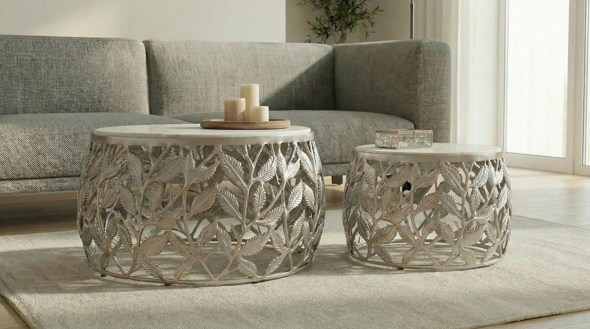 Set De Măsuțe Suprapuse din piatră, 60/60/33 cm - argintiu/alb, Design, metal/piatră (60/60/33cm) - MID.YOU