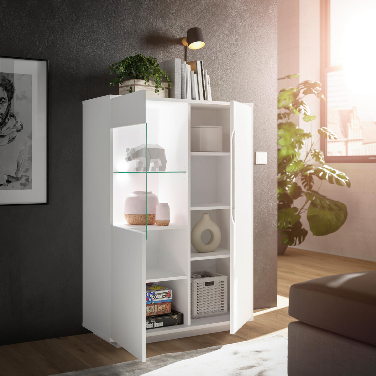 HIGHBOARD Weiß  90/130/38 cm  - Weiß, MODERN, Glas/Holzwerkstoff (90/130/38cm) - Carryhome